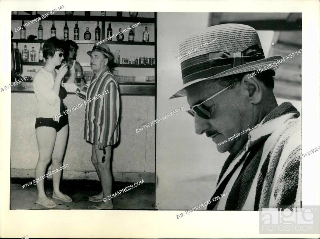 Stock Photo: Aug. 08, 1962 - Two most famous writers, Alberto Moravia and Salvatore Quasimodo Nobel Prize, passing the vacations in Sicily.