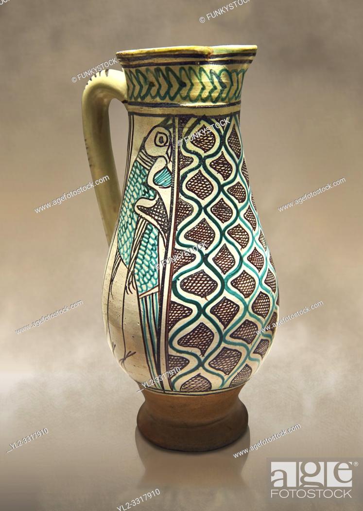 Stock Photo: Medieval ceramic jug made in Orvieto or Sienna, Italy, at the end of the 14th century. From Faience. inv 7394, The Louvre Museum, Paris.