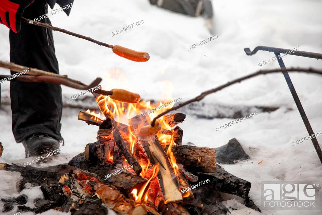 Stock Photo: Sausages, stick, campfire, Finland, winter.