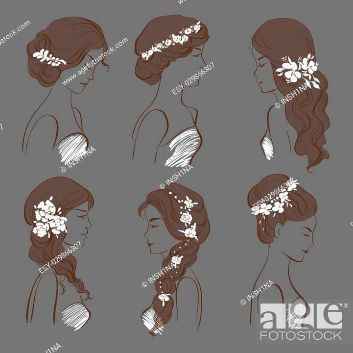 set of wedding hairstylesset of wedding hairstyles, sketch, head of a young  woman in profile, Stock Vector, Vector And Low Budget Royalty Free Image.  Pic. ESY-029866307 | agefotostock