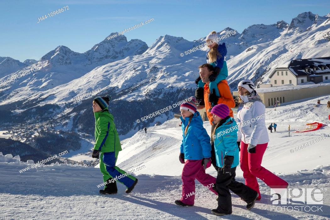 Stock Photo: Celerina, walking, hiking, Muottas Muragl, view, Upper Engadine, snow, winter, canton, GR, Graubünden, Grisons, Upper Engadine, footpath, walking, hiking.