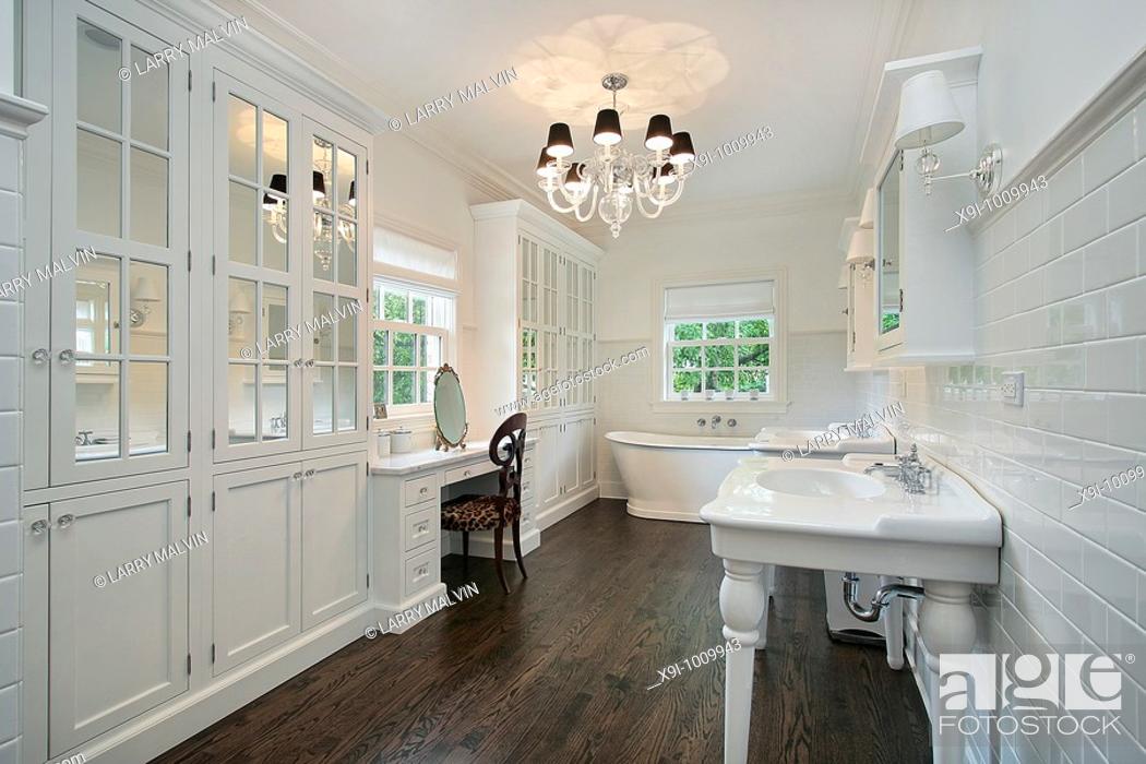 White Master Bath With Dark Wood Floors, Dark Hardwood Floors In Master Bedroom