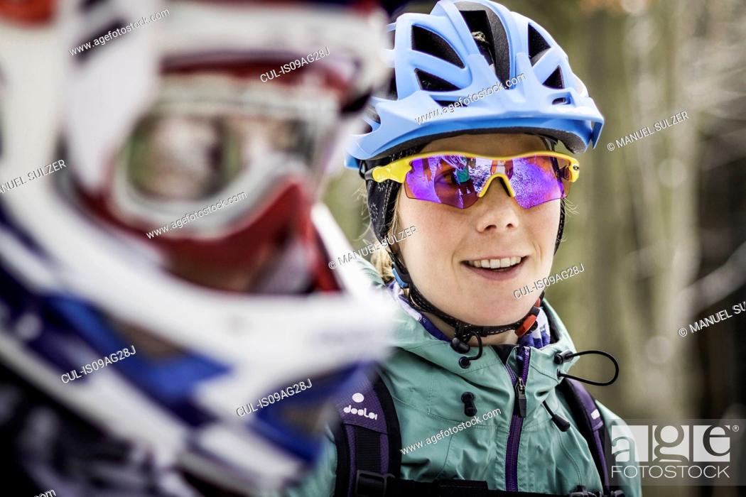 Stock Photo: Close up of two female mountain bikers.