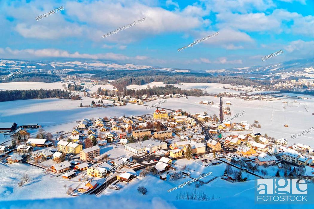 Stock Photo: Winter landscape of Gruyeres, a famous agricultural and Gruyere cheese making area. Province of Fribourg, Switzerland.