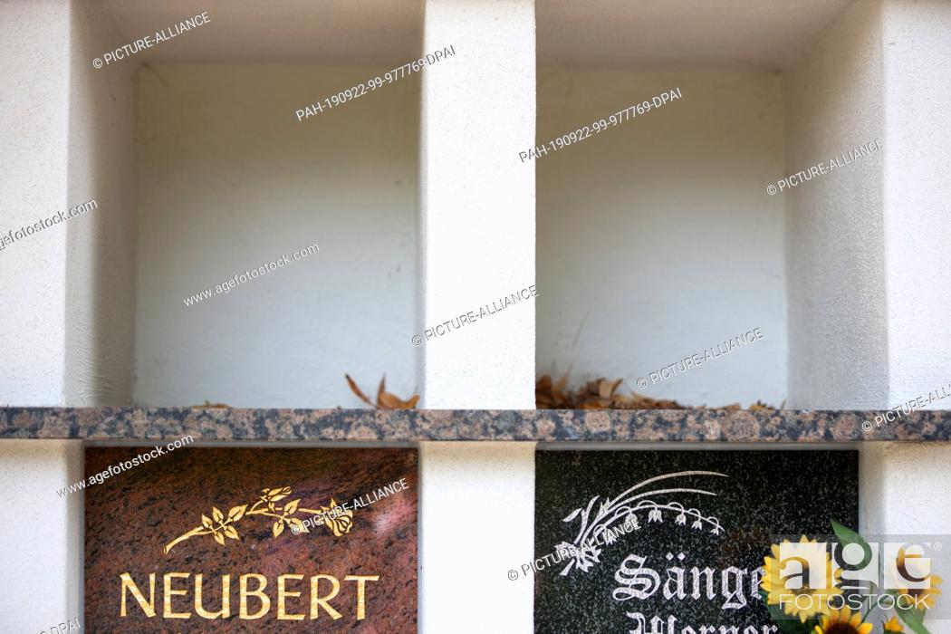 Stock Photo: 08 August 2019, Thuringia, Leutenberg: Laub lies in two of the few open compartments in the urns hall on the cemetery that was built in 2009.