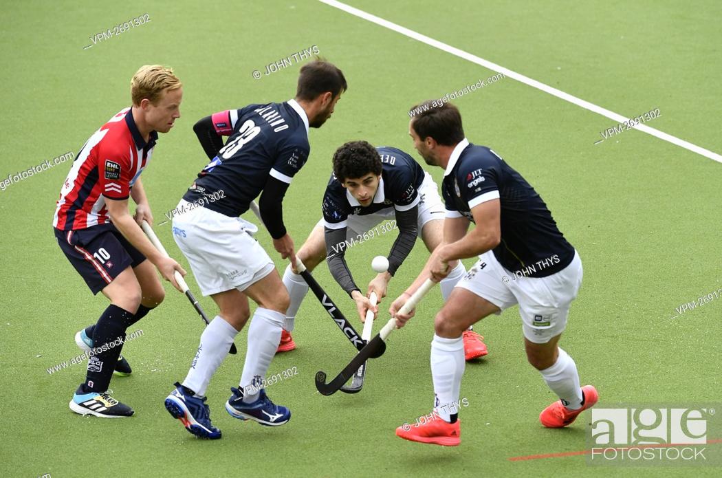 Stock Photo: Gantoise's Kevan Demartinis fights for the ball during a hockey game between Royal Leopold Club and Gantoise, Sunday 11 April 2021 in Ukkel - Uccle, Brussels.