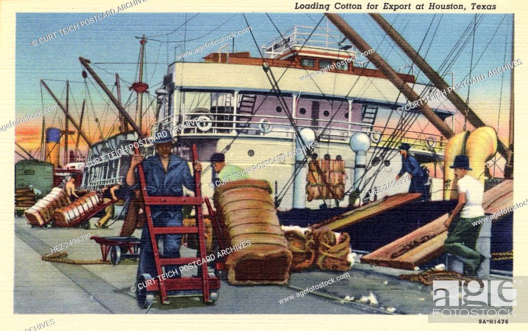 Stock Photo: Loading cotton for export, Houston, Texas, USA, 1939. Vintage postcard showing a ship being loaded with bales of cotton at a Houston dock.