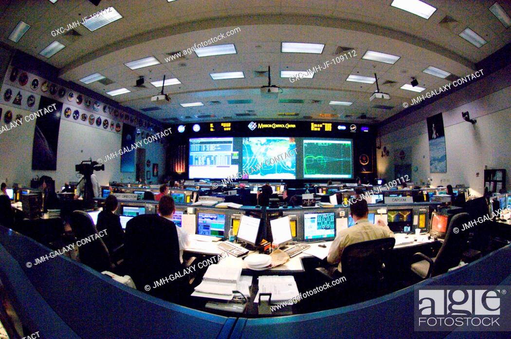 Stock Photo: Overall view of the space shuttle flight control room of Johnson Space Center's Mission Control Center (MCC) during the arrival of the seven Endeavour STS-123.