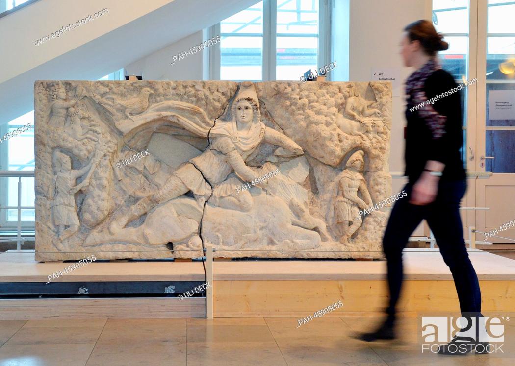 Stock Photo: ATTENTION PUBLICATION BLOCKING PERIOD THURSDAY 30 JANUARY 2014 4.30 PM .The reconstructed Relief of Mithras of Tor Cervara in Rome is shown in Karlsruhe Palace.