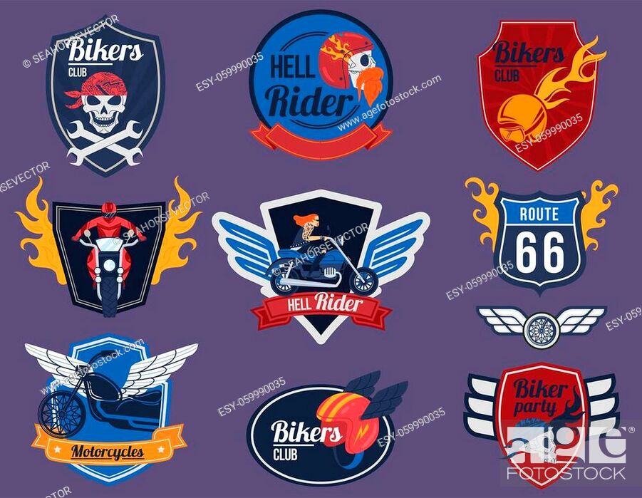 Biker logo vector illustration set. Cartoon flat moto club emblem  collection of motorcycle with fire..., Stock Vector, Vector And Low Budget  Royalty Free Image. Pic. ESY-059990035 | agefotostock