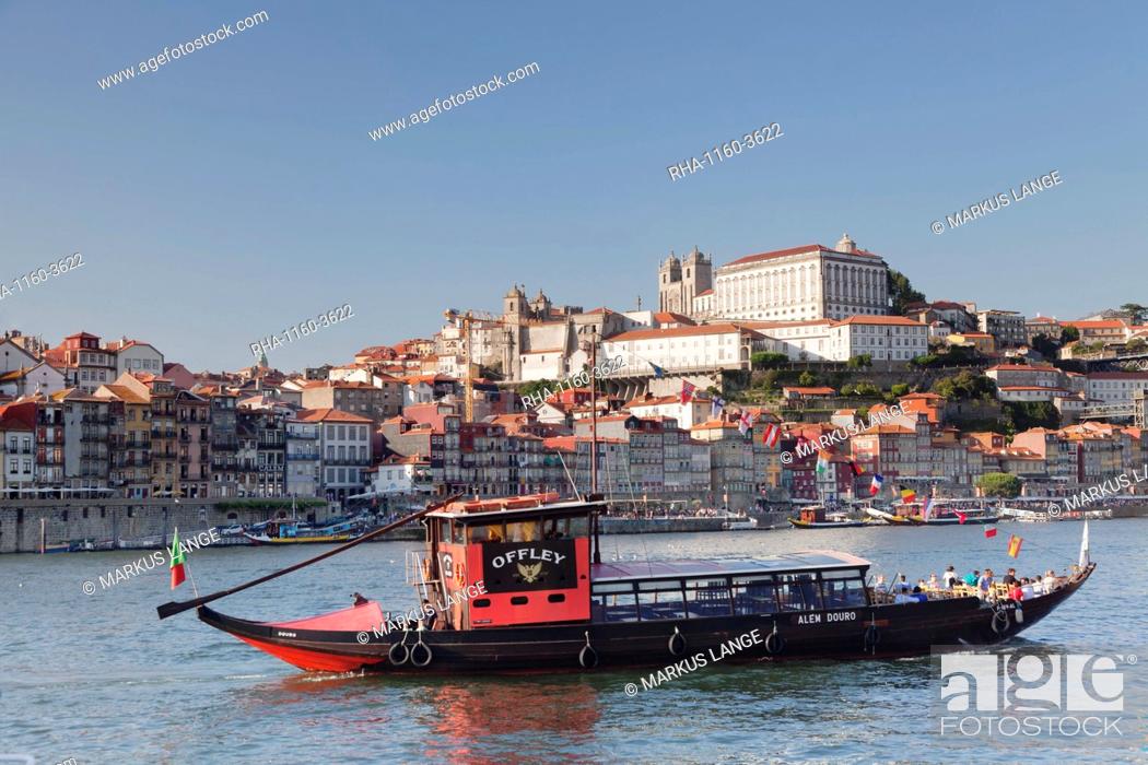 Stock Photo: Rabelos boat, Ribeira District, UNESCO World Heritage Site, Se Cathedral, Palace of the Bishop, Porto (Oporto), Portugal, Europe.