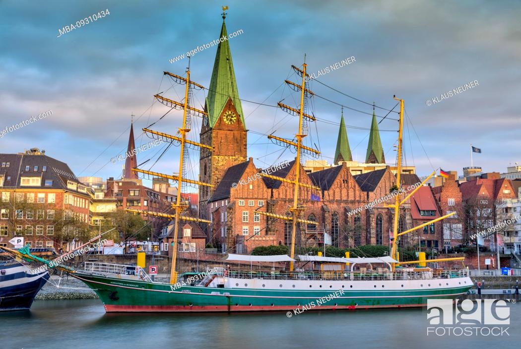 Stock Photo: Sailing ship, Alexander von Humboldt, Martinikirche, Weser, Bremen, Germany, Europe.