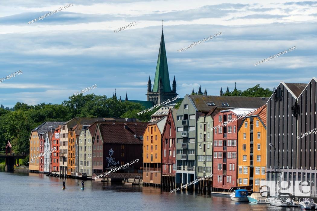Stock Photo: historic wooden colourfull houses in Trondheim, Norway.