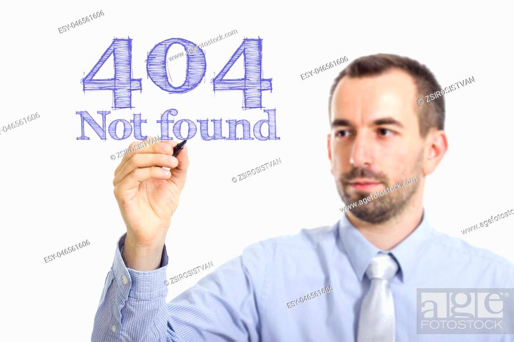 Imagen: 404 not found Young businessman writing blue text on transparent surface - horizontal image.