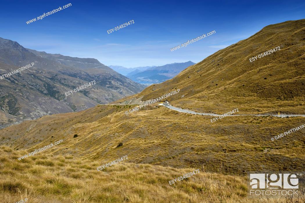 Stock Photo: Scenic viewpoint of road, mountains, and lake in south island of New Zealand.