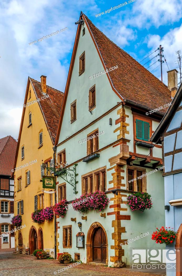 Stock Photo: Picturesque historical street in Eguisheim, Alsace, France.
