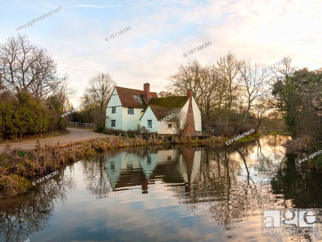 Stock Photo: autumn willy lotts cottage no people empty water reflection old historic place constable; suffolk; england; uk.