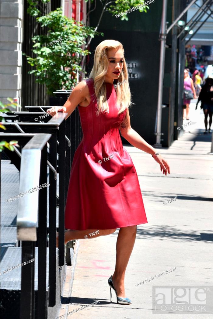 Stock Photo: Rita Ora steps out in a leather dress on one of the hottest days of the year in New York Featuring: Rita Ora Where: Manhattan, New York.