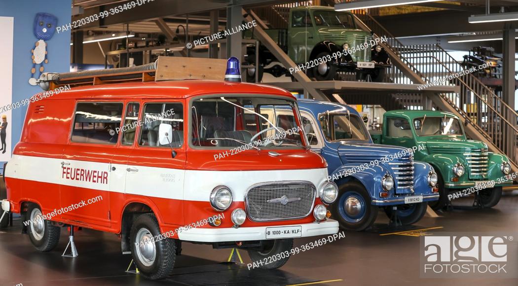 Stock Photo: 04 February 2022, Saxony, Frankenberg: A Barkas 1000 as a fire engine stands next to its predecessors, the Barkas V901/2 also known as Framo.