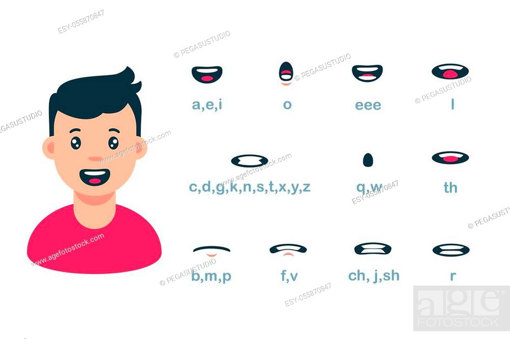 Cartoon male mouth lip sync set of speech animation vector flat illustration, Stock Vector, Vector And Low Budget Royalty Free Pic.  Foto.  ESY
