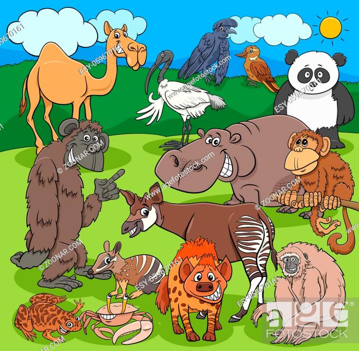 Stock Photo: Cartoon illustration of funny wild animals characters group.
