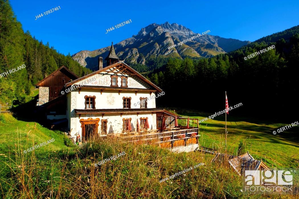 Stock Photo: farm, hof, Zuort, Switzerland, Europe, canton, Graubünden, Grisons, Engadin, Engadine, Val Sinestra, inn, restaurant.