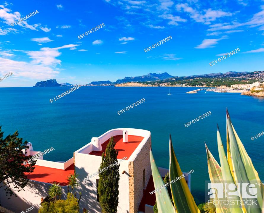 Stock Photo: Mediterranean houses in Moraira Teulada at Alicante with Calpe Penon Ifach view.