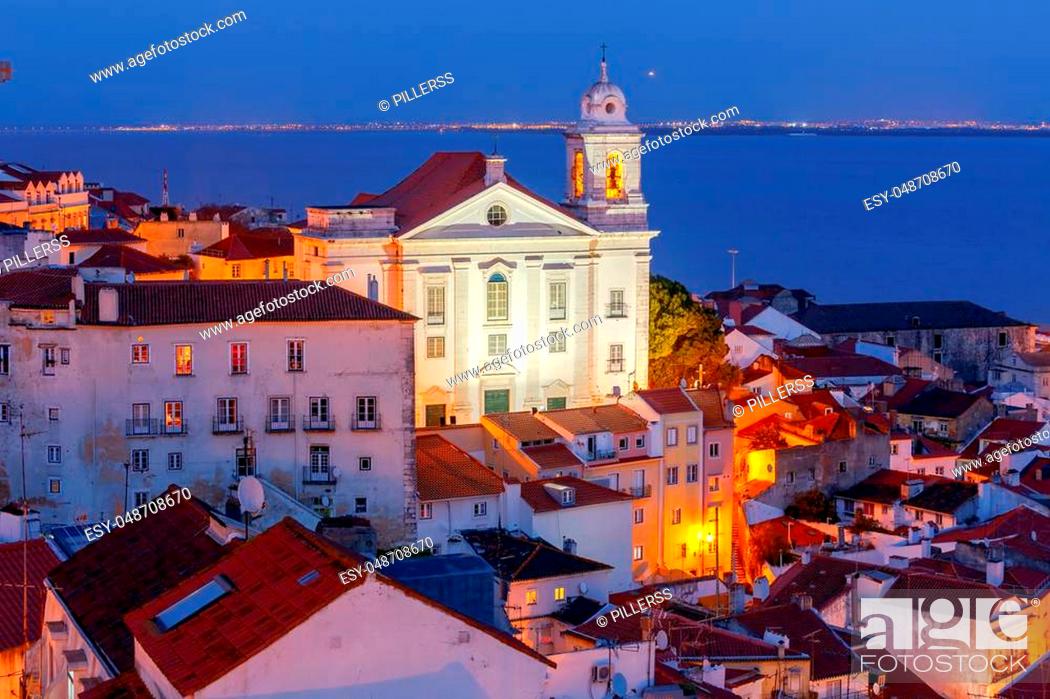 Stock Photo: Lisbon. Aerial view Igreja de Santo Estevao on the sunset.