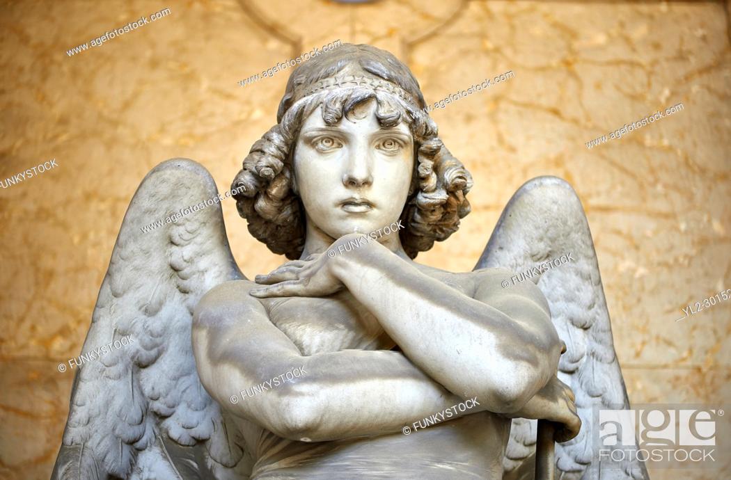 Stock Photo: Picture and image of the stone sculpture of an enigmatic angels face in a realistic style. One of the best know csulptures of Staglieno.