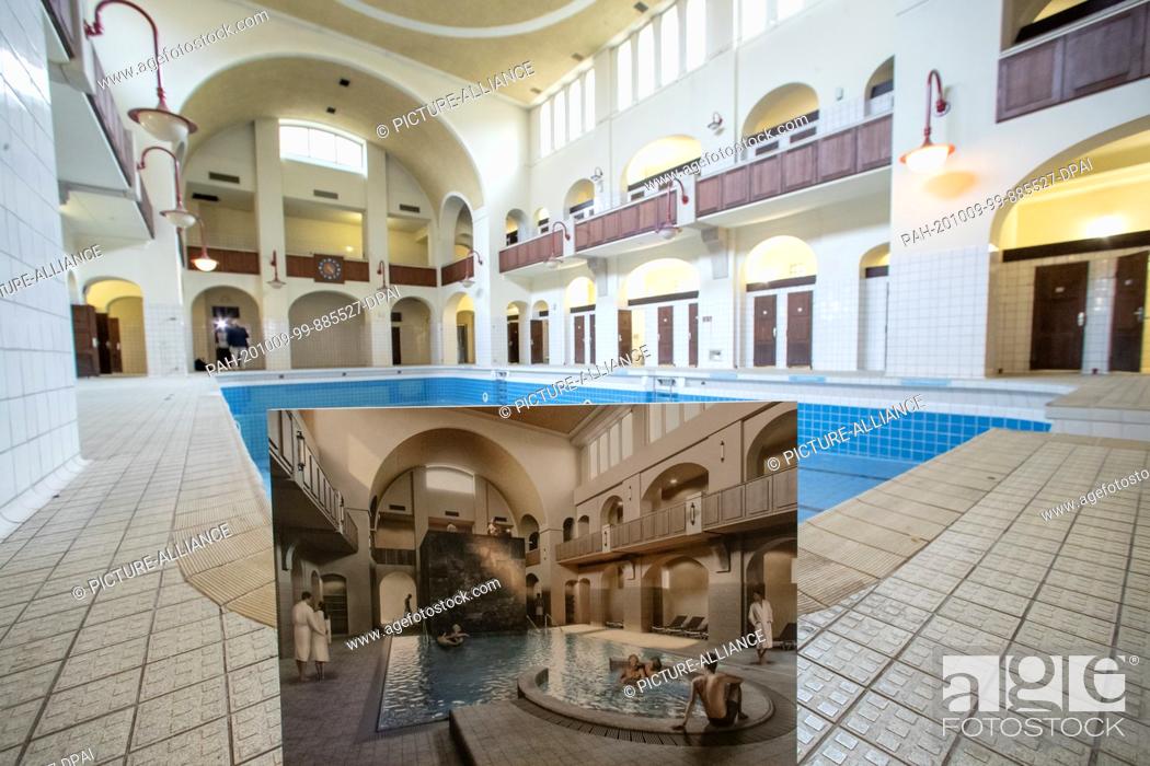 Photo de stock: 09 October 2020, Bavaria, Nuremberg: A draft of a redesign of the Swimming Hall III can be found in the Volksbad at the edge of the pool in its current state.