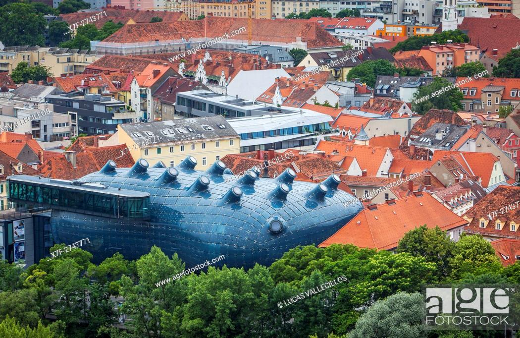 Stock Photo: Roofs of the city and Kunsthaus, Graz Art Museum, view from Schlossberg, castle mountain, Graz, Austria.
