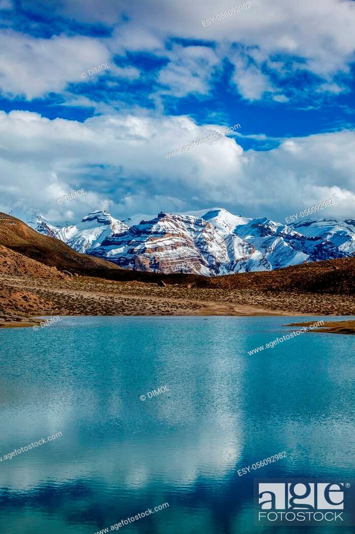 Stock Photo: Dhankar lake in Himalayas. Spiti valley, Himachal Pradesh, India.