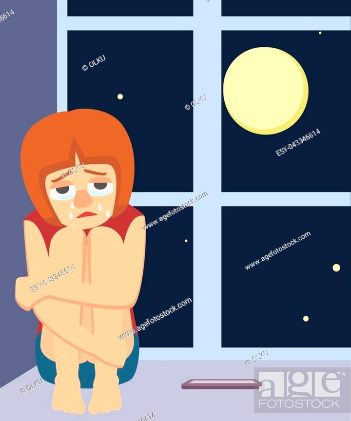 lonely girl sits crying at night - vector cartoon illustration in flat  style, Stock Vector, Vector And Low Budget Royalty Free Image. Pic.  ESY-043346614 | agefotostock