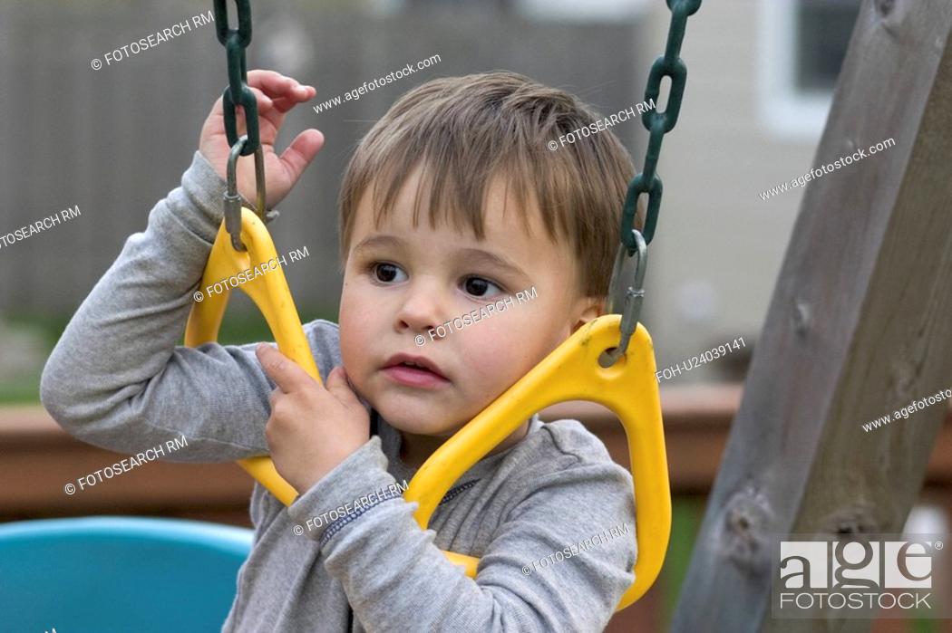Stock Photo: age, rings, shoulder, swinging, boy.