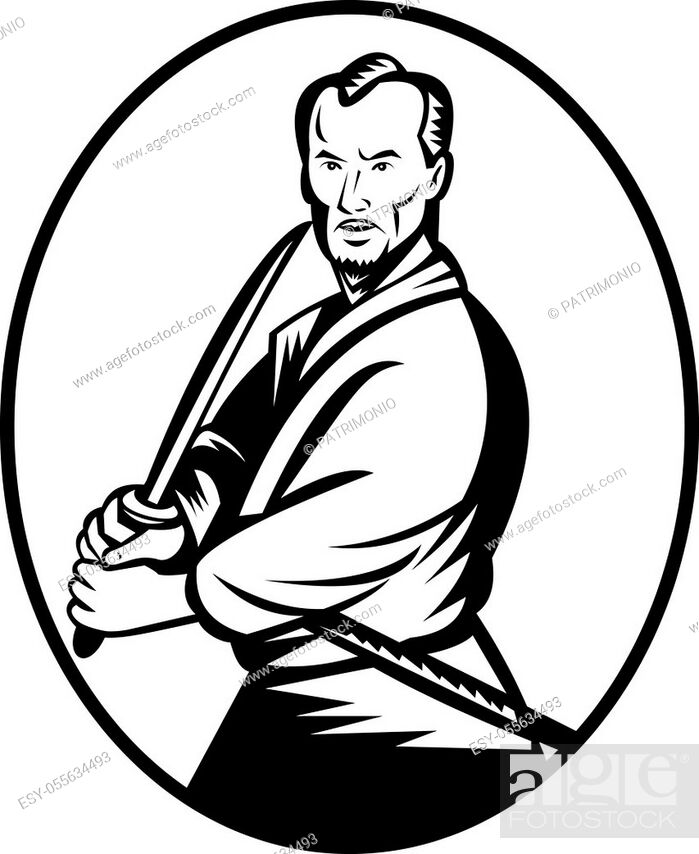 Vecteur de stock: Black and white illustration of a Samurai warrior with katana sword in fighting stance viewed from front set inside oval shape done in retro woodcut style on.