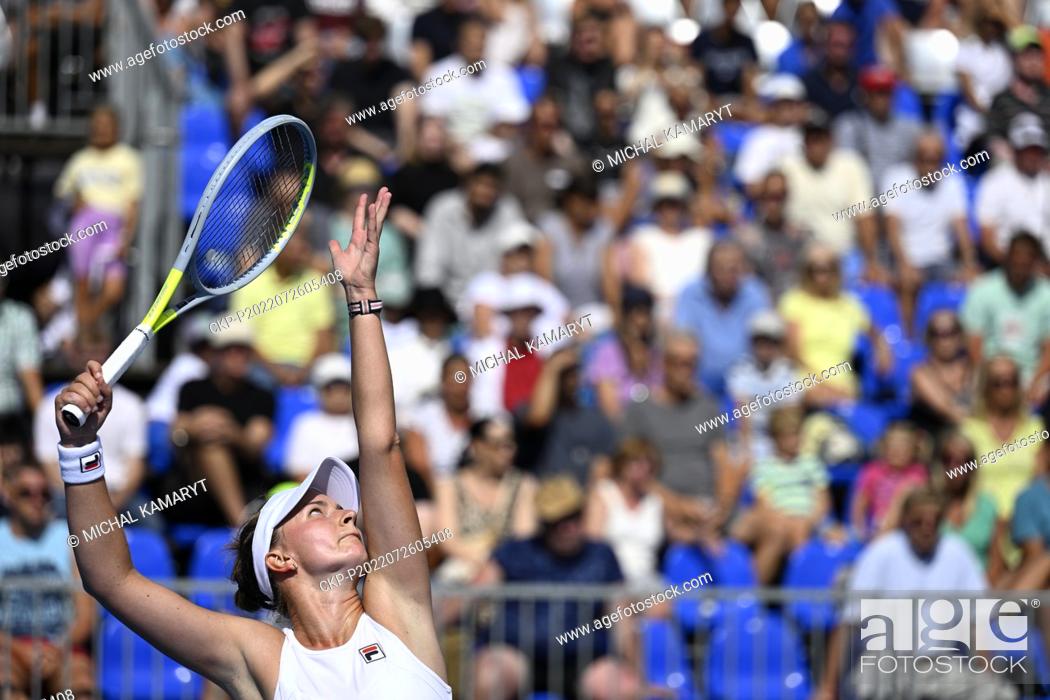 Stock Photo: Barbora Krejcikova of Czech Republic serves against Anna Blinkova of Russia during the Livesport Prague Open WTA women’s tennis tournament match in Prague.