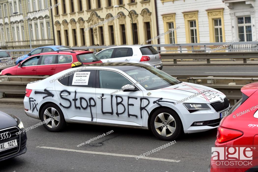 Stock Photo: Taxi drivers circle about the Prague city centre, Czech Republic, on Thursday, February 8, 2018. Association of Czech Taxi Drivers organises second protest.