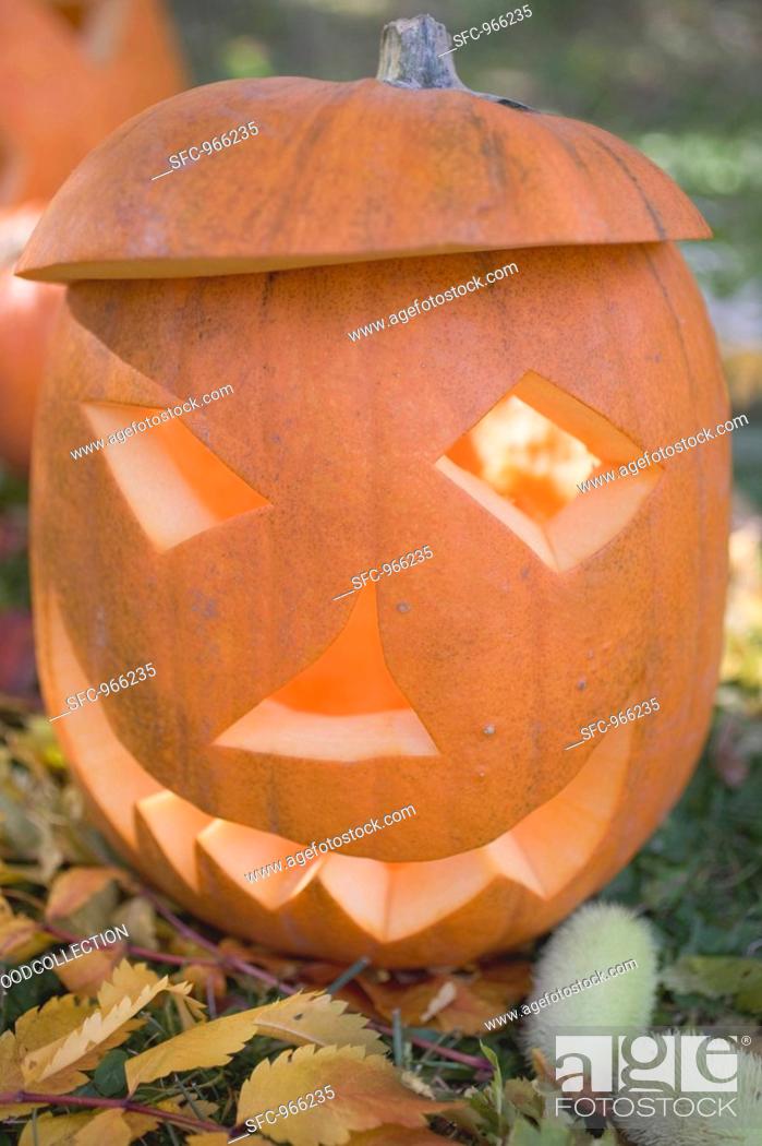 Stock Photo: Pumpkin lantern in garden close-up.