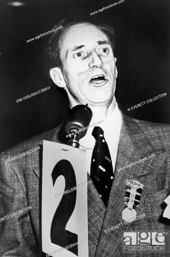 Stock Photo: Harry Bridges addressing a stop-work meeting of Longshoremen's union in San Francisco in 1952. Bridges was an Australian-American leftist union leader who was.