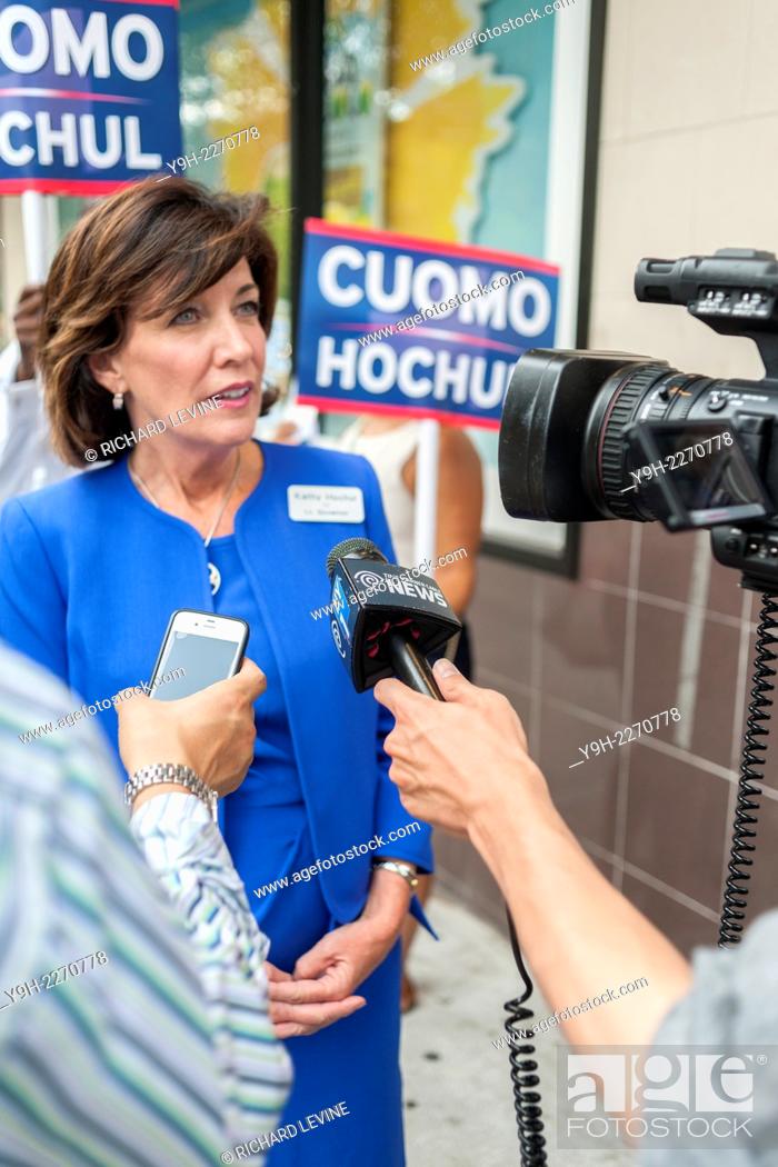 Stock Photo: Gov. Andrew Cuomo's running mate, Kathy Hochul, speaks with the media after campaigning in the Penn South housing complex in Chelsea in New York.
