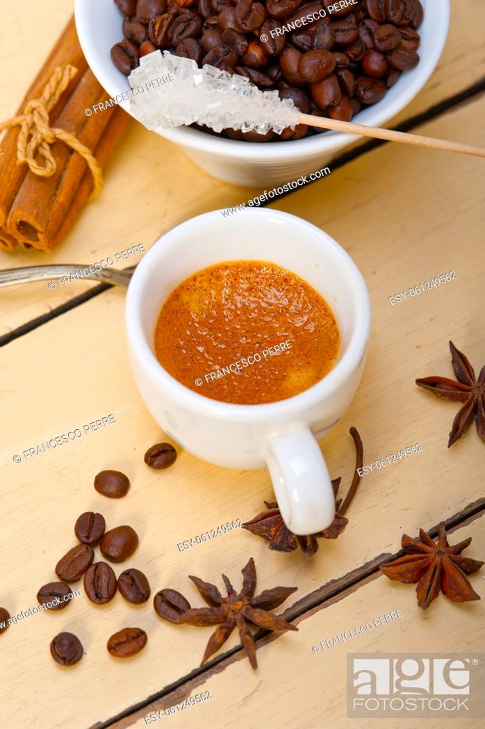 Stock Photo: espresso coffee over white wood rustic table with sugar and spice.