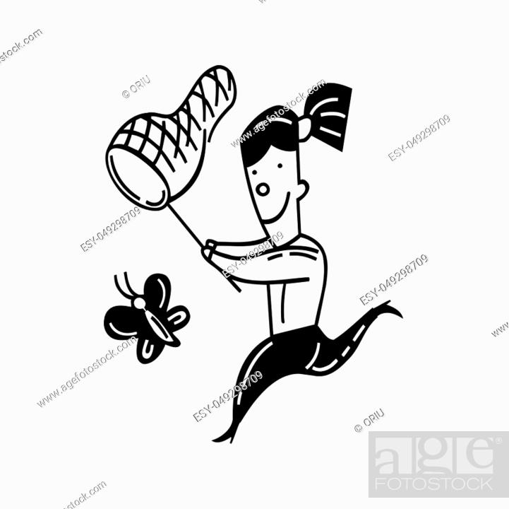 Cute little girl catching butterfly. outlined cartoon. drawing sketch  illustration vector, Stock Vector, Vector And Low Budget Royalty Free  Image. Pic. ESY-049298709 | agefotostock
