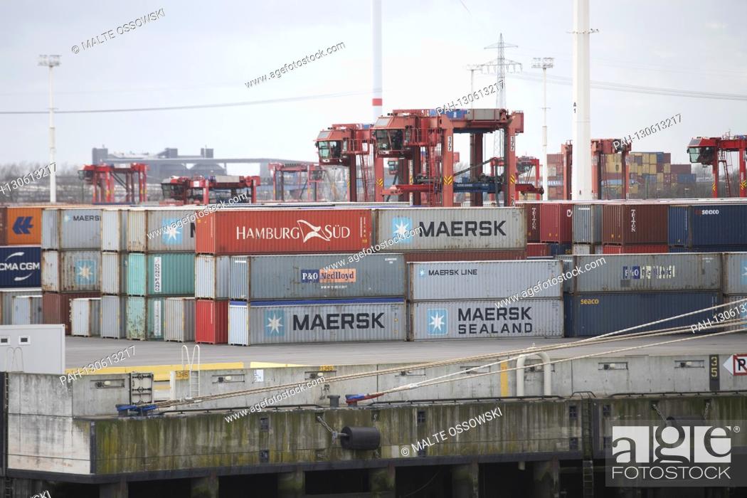 Stock Photo: Containers and crane vehicles at the container terminal Eurogate Hamburg Waltershof February 17, 2020. | usage worldwide.