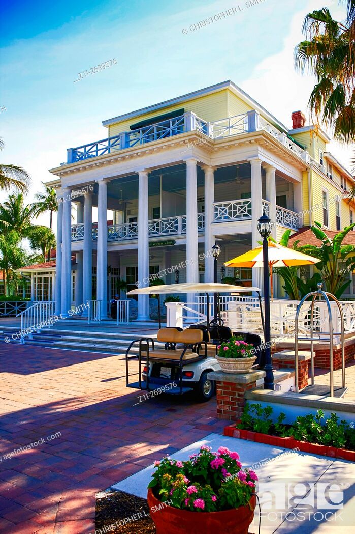 Stock Photo: The front porch and entrance of the Gasparilla Inn & Club, Boca Grande, on Gasparilla Island, Florida.