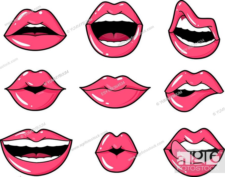 Lips patches. Pop art sexy kiss, smiling woman mouth with red lipstick and  tongue, Vecteur de Stock, Vecteur et Image Low Budget Royalty Free. Photo  ESY-056364534 | agefotostock
