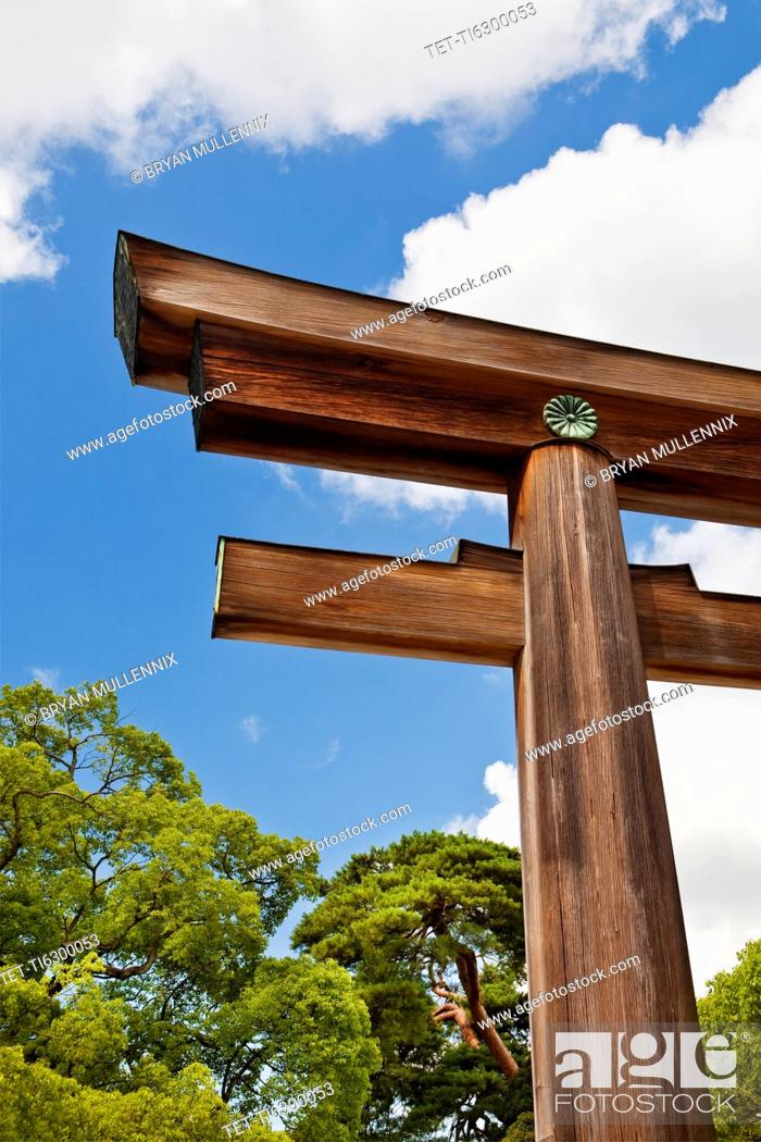 Stock Photo: Japan, Tokyo, Meiji Jingu Shrine, part of Torri Gate.
