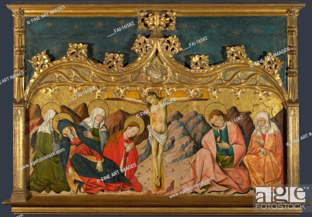 Stock Photo: The Crucifixion. Master of Riglos (active c. 1435–1460). Tempera on panel. Gothic. c. 1450. National Gallery, London. 43x102, 5. Painting.