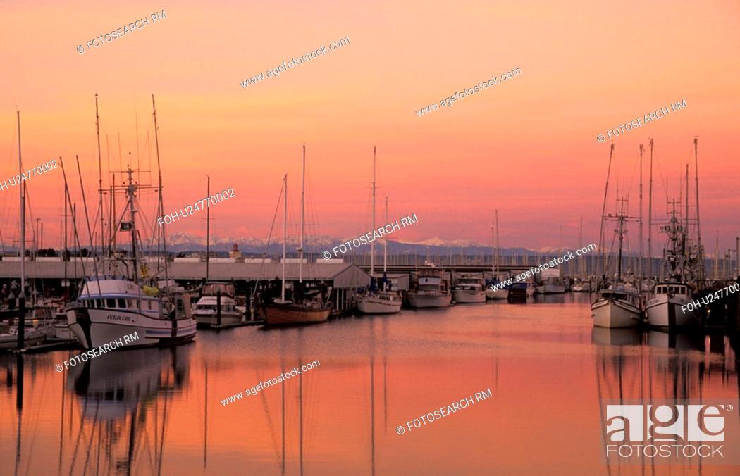 Stock Photo: background, coastline, wa, snohomish, sunrise, boat.