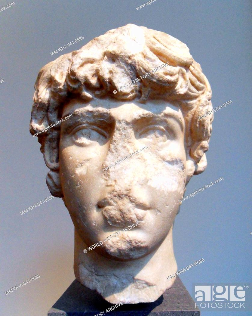 Stock Photo: Marble portrait head of Antinous ca. A.D. 130-138, Roman portrait head from a monumental statue of Antinous was the young lover of the Roman emperor Hadrian.