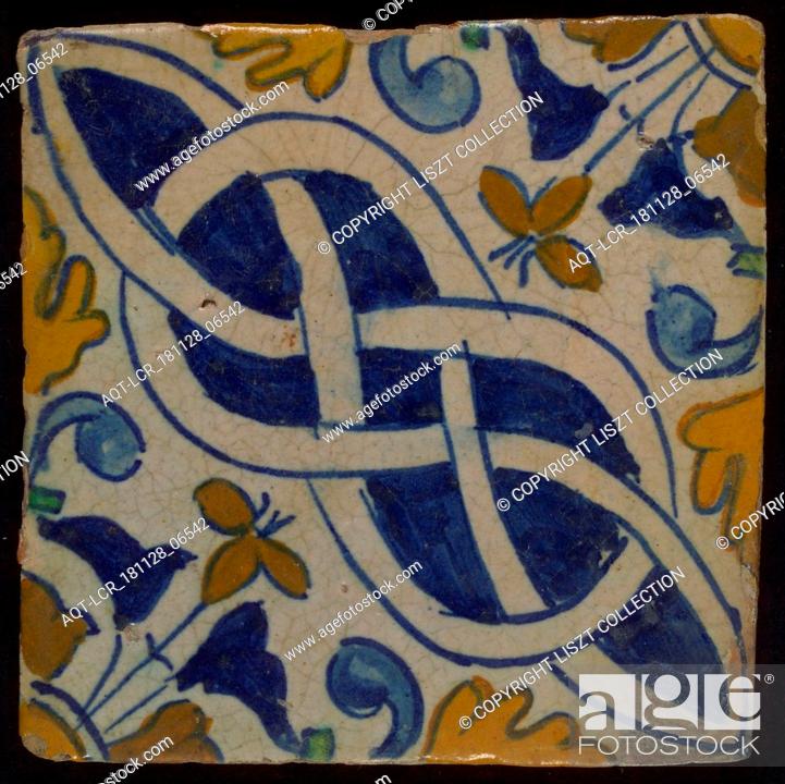 Stock Photo: Ornament tile, multicolored, in blue, yellow, brown and green on white ground, diagonally-colored basketwork with corner pattern.